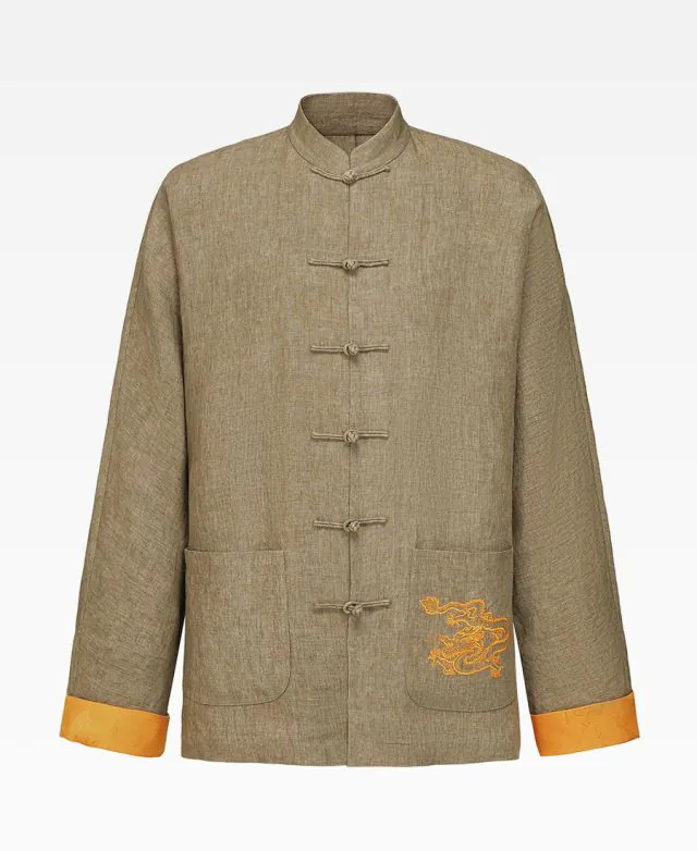 Linen Tang Jacket With Dragon Embroidery