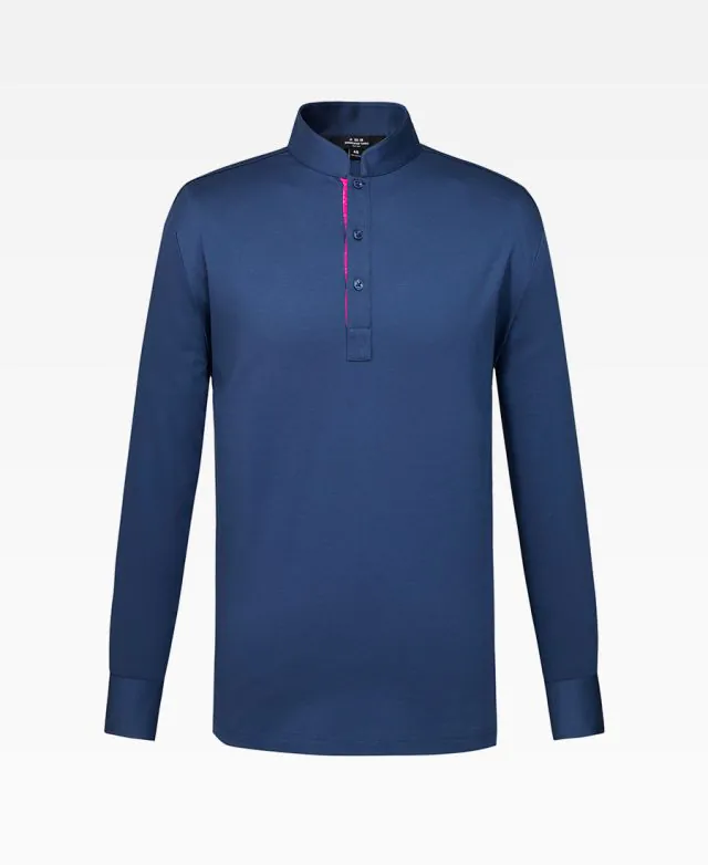 Colorblocked Lapel Stand-Up Collar Long Sleeve Polo Shirt