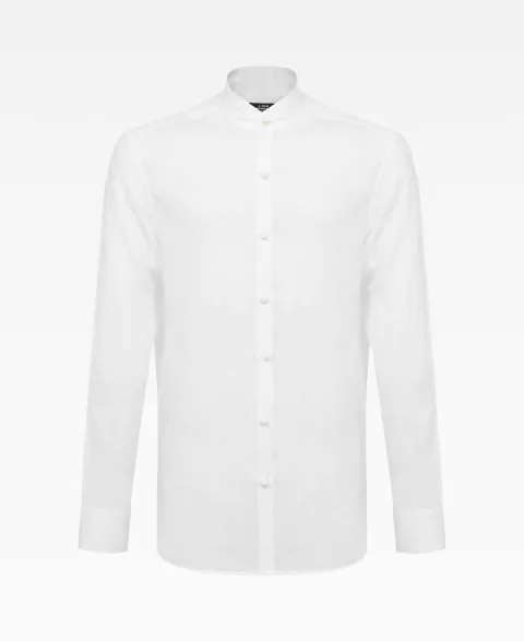 Linen Mandarin Collar Shirt With Chinese Knot Button