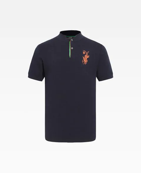 Magpie Embroidery Mandarin Collar Polo Shirt