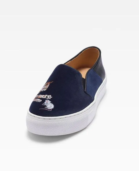 Catch Me If You Can Women Embroidered Velvet Platform Slip-Ons