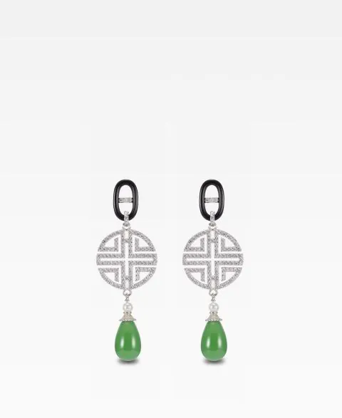 Black Agate Fortune Shou Earrings With Jade Pendant