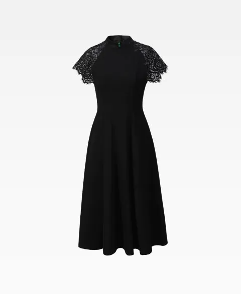 Fitted Lace Panel Stand Collar Dress