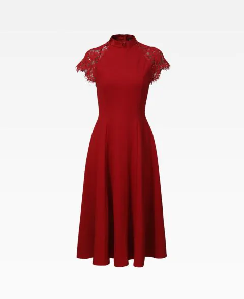 Fitted Lace Panel Stand Collar Dress