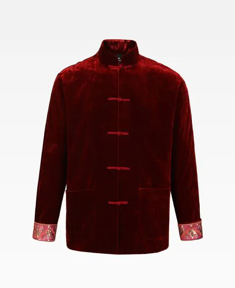 Mandarin Embroidered Velvet Tang Jacket With Turned-Up Cuffs