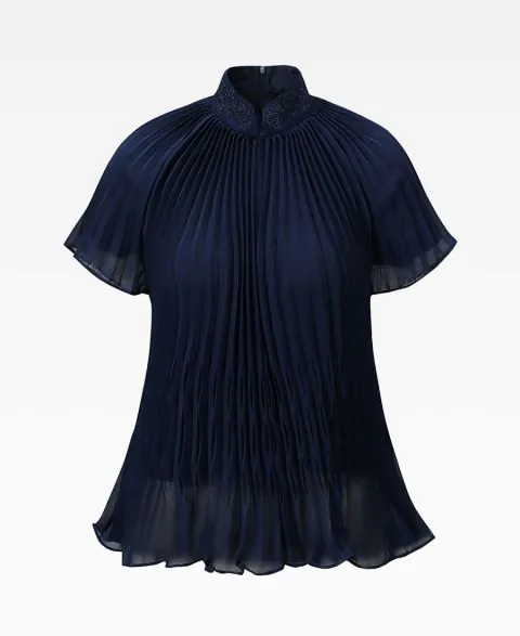 Tang Pleated Embroidered Mandarin Collar Top