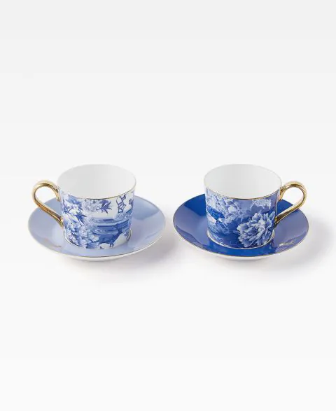 Shanghai Tang x Jacky Tsai Blue and White Bone China Coffee Cup and Saucer Set of Two
